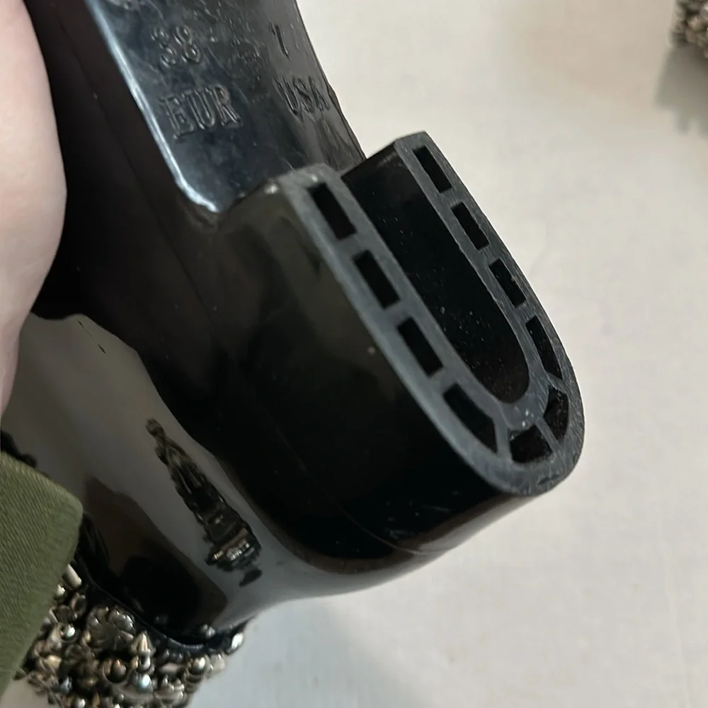 Women's Detailed Silver Strap with cool design ankle Rain Boots black/Silver 7